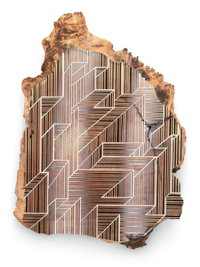 I Never Liked Video Games, 2016, Acrylic and spray paint on curly maple, 22 x 17 x 2 inches, 55.9 x 43.2 x 5.1 cm, MMG#30734