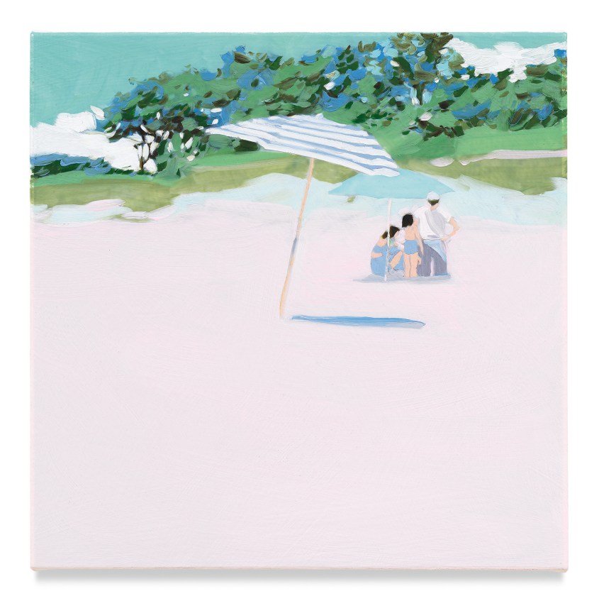 Striped Umbrella, 2019, Mixed media oil on canvas, 14 x 14 inches, 35.6 x 35.6 cm, (MMG#32061)