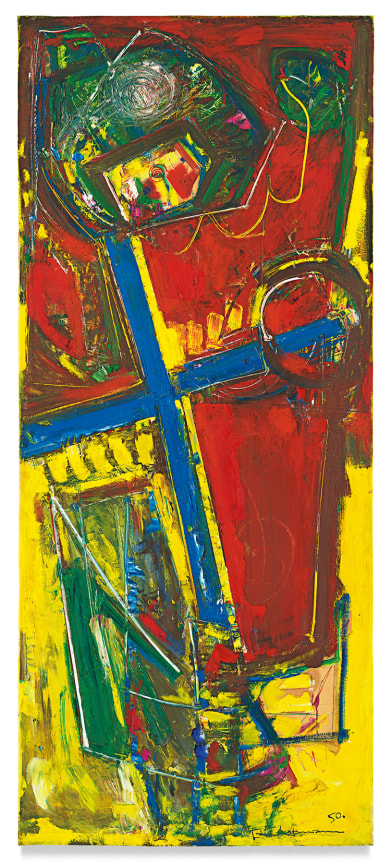 The Cross (Sketch for Mosaic) [Study for Chimbote Mural], 1950, Oil on paper mounted on board, 84 x 35 1/2 inches, 213.4 x 90.2 cm