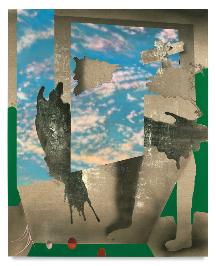 Three Versions Play, 2018,&nbsp;Oil and vinyl paint, charcoal, flocking and acrylic on linen,&nbsp;52 x 42 inches,&nbsp;132.1 x 106.7 cm, MMG#30034