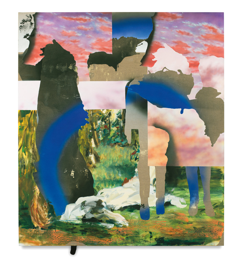 California, 2018, Oil, vinyl paint, acrylic, wool collage, enamel spray paint and charcoal on linen, 82 x 72 inches, 208.3 x 182.9 cm, MMG#30033