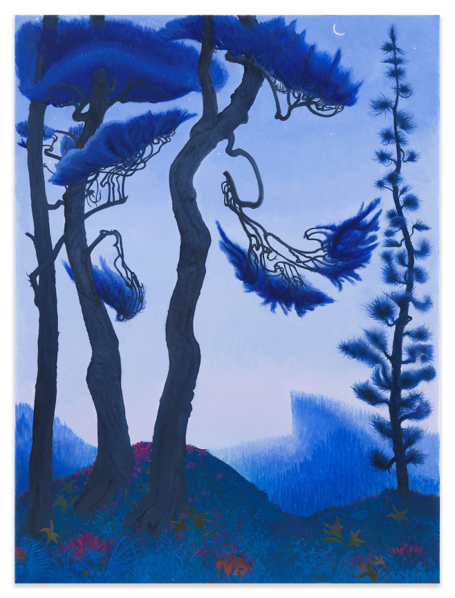 Inka Essenhigh, Blue Spruce and Waning Crescent Moon, 2021, Enamel on canvas, 40 1/4 x 30 1/8 inches, 102.2 x 76.5 cm, MMG#32997