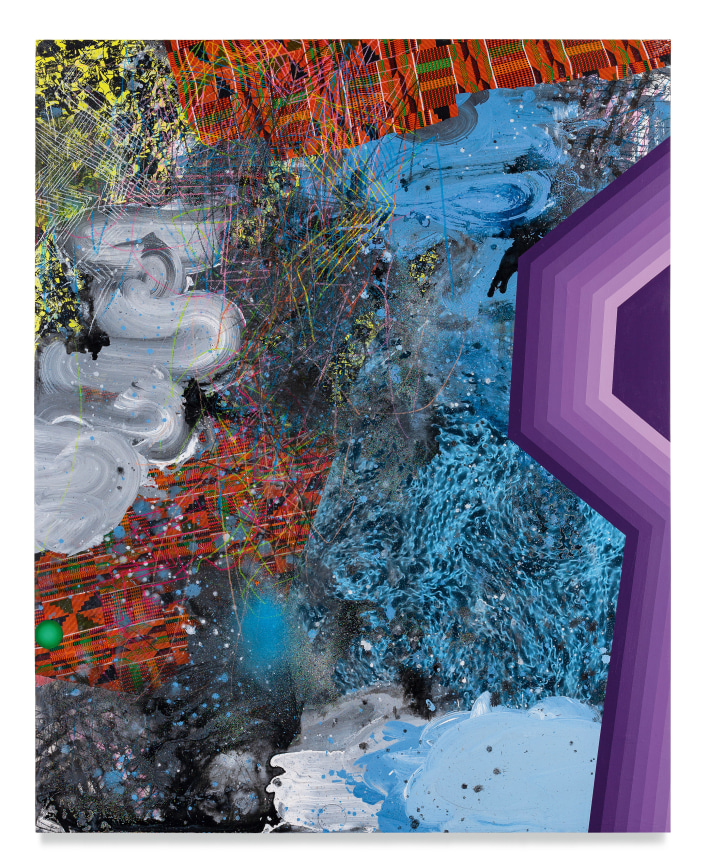 Kemit Soul, 2022, Acrylic, oil, spray paint, African cloth, glitter and color pencil on wood panel, 60 x 48 inches, 152.4 x 121.9 cm, MMG#34510