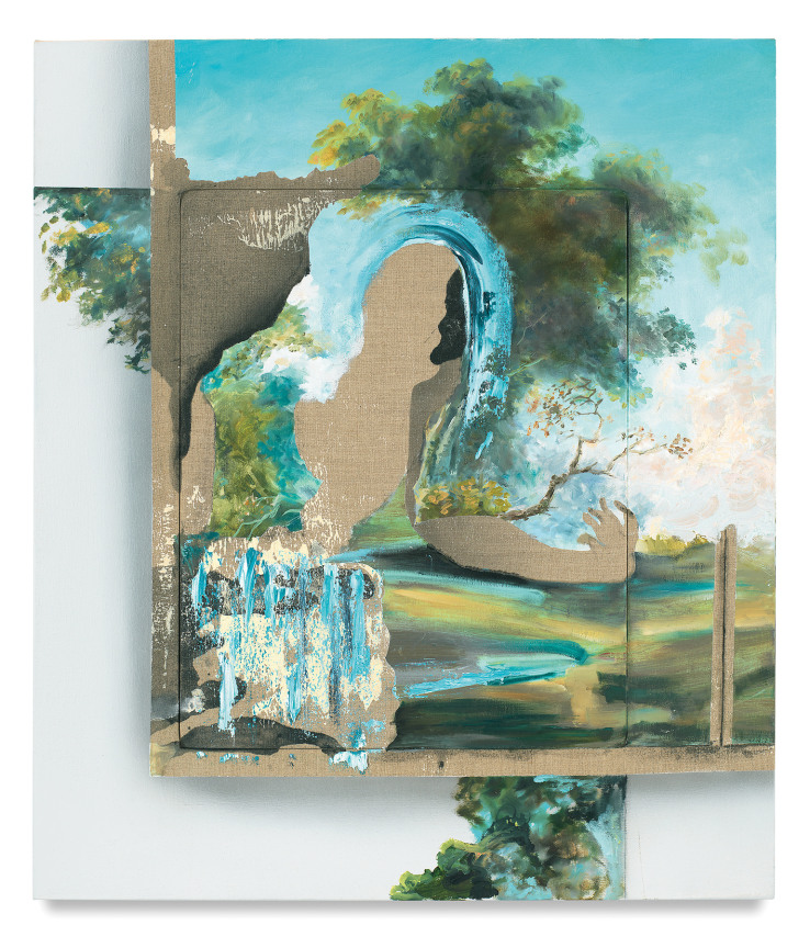 Stop Calling, 2018,&nbsp;Oil, acrylic, charcoal and vinyl paint on linen,&nbsp;30 x 26 x 3 inches, 76.2 x 66 x 7.6 cm, MMG#30030