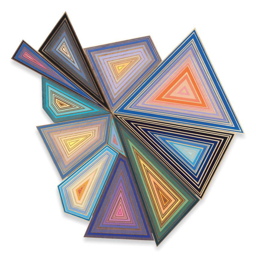 Eleven Sunsets, 2022, Acrylic on cottonwood, maple and walnut, 53 x 40 7/8 x 2 inches, 134.6 x 103.8 x 5.1 cm, MMG#34057