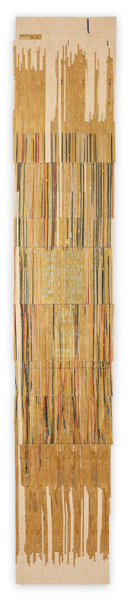 Ronny Quevedo,&nbsp;cuerpo y alma, 2021, Gold leaf, wax, gold leaf and pattern paper on paper, 100 x 22 inches, 48.3 x 238.8 cm.&nbsp;Courtesy of the artist.&nbsp;