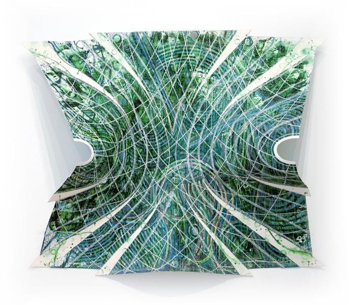 The Radiance of Awareness I, 2012, Acrylic, color pencil, spirulina, and staples on paper and canvas, 82 x 99 x 23 inches, 208.3 x 251.5 x 58.4 cm, AMY#21449