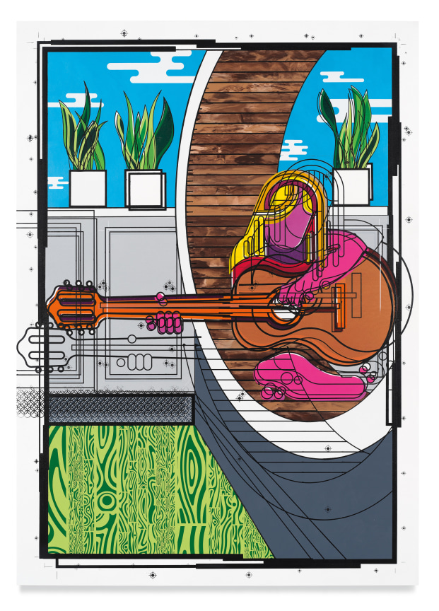 Abstract painting of a pink girl with yellow hair holding a guitar while sitting outside on a patio.