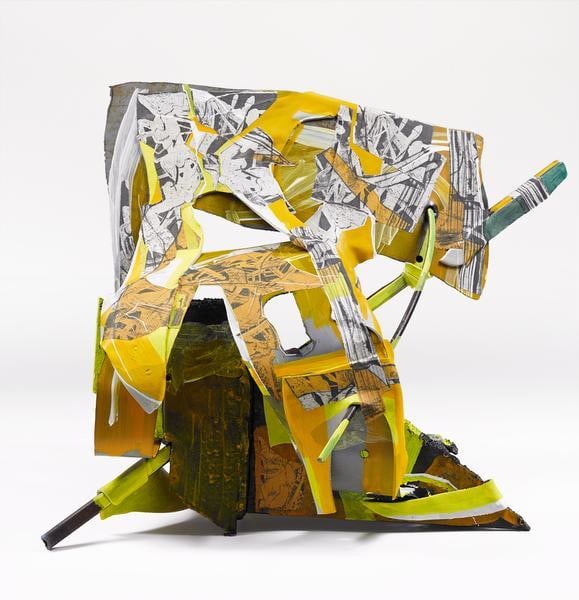 Cosm 4, 2015, Soapground, softground, hardground, drypoint, spitbite aquatint, waterbite aquatint, open bite on fabric with hand painting on smooth and textured epoxy clay and welded steel, 15 x 17 x 24 inches, 38.1 x 43.2 x 61 cm, A/Y#22407