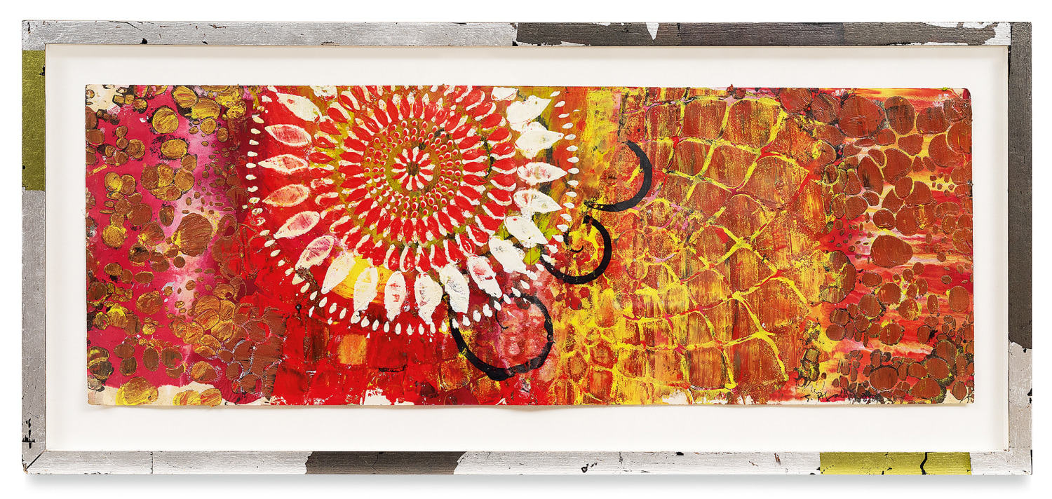 +&#039;s &amp;amp; -&#039;s #25, 2018,&nbsp;Oil stick, encaustic, vintage Indian paper, in artist&#039;s frame,&nbsp;13.5 x 30 inches,&nbsp;34.3 x 76.2 cm,&nbsp;MMG#30610