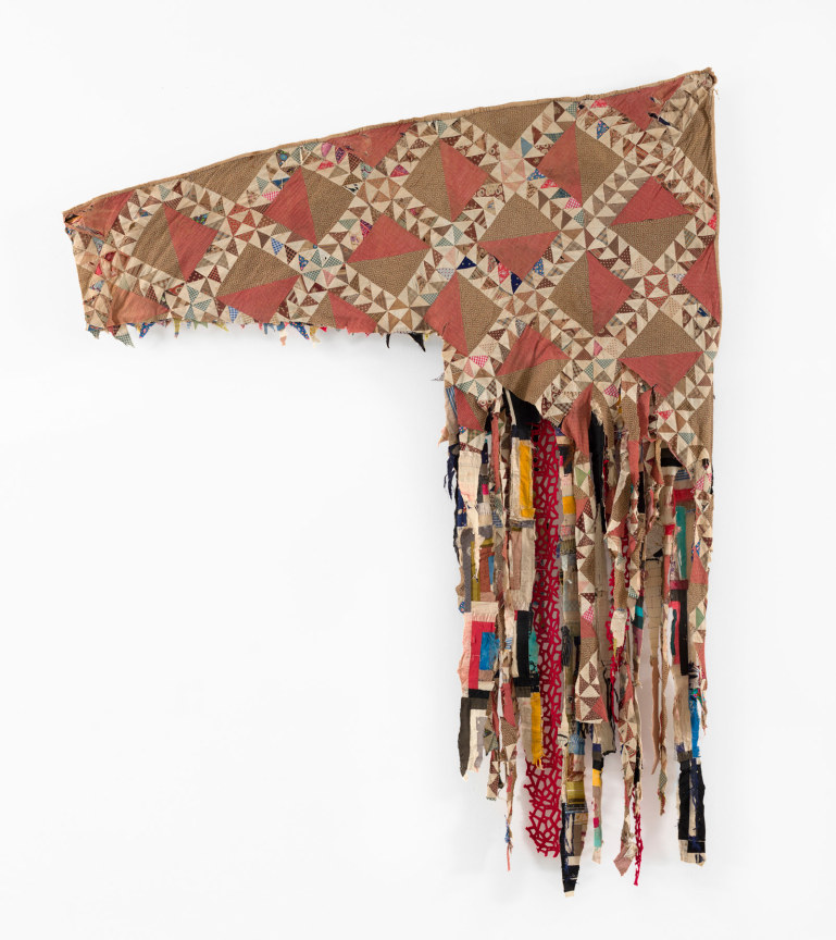 Sanford Biggers, The Charlatan, 2020, Antique quilt, assorted textiles, 73 x 67 1/2 x 3 inches, 185.4 x 171.5 x 7.6 cm. Courtesy of the artist and Marianne Boesky&nbsp;Gallery, New York and Aspen. &copy; Sanford Biggers. Photo credit: Lance Brewer