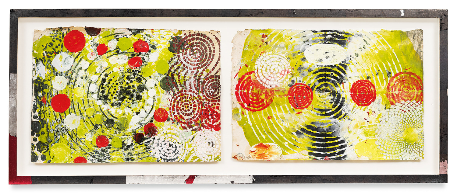 Year of the Rat 10, 2018,&nbsp;Vintage Indian paper, oil stick, encaustic, vintage Indian paper, in artist&#039;s frame, 13.5 x 34 inches