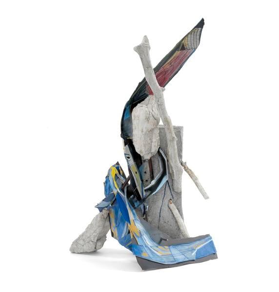 Creek, 2016, Softground with hand-painting and oil stick on welded steel frame with rebar, cast Hydro-Stone, cast concrete and epoxy clay, 35 x 19 x 13 inches, 88.9 x 48.3 x 33 cm, AMY#28245