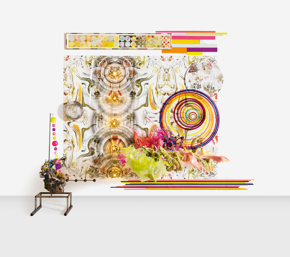 Quartet Two, 2018,&nbsp;Photographic inspired digital image, steel frame, acrylic, expanded foam, aluminum discs, light bulbs, wood, melted plastic, Styrofoam, drawing in artist&#039;s frame, 128.5 x 160 x 60 inches,&nbsp;326.4 x 406.4 x 152.4 cm,&nbsp;MMG#30419