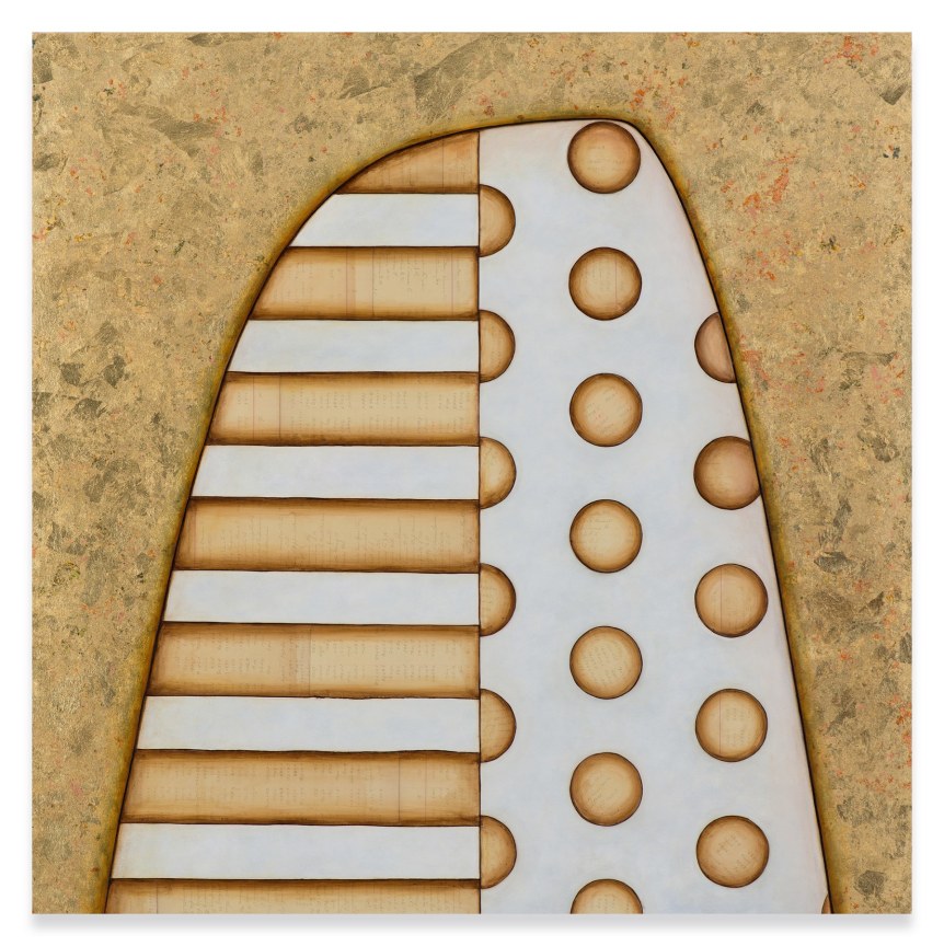 Dyani White Hawk,&nbsp;All That Glitters, 2014, Acrylic, gold leaf, and antique ledger paper on canvas, 42 x 42 inches, 106.7 x 106.7 cm.&nbsp;Collection of L.A. Walker, Courtesy of the&nbsp;artist and Bockley Gallery, Minneapolis, MN.&nbsp;