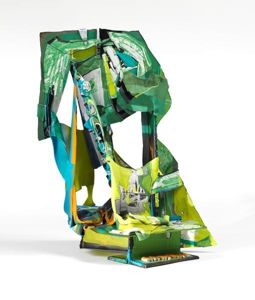 Cosm 1, 2015, Woodcut, soapground, hardground, drypoint, spitbite aquatint, waterbite aquatint, open bite on fabric with hand painting on smooth and textured epoxy clay and welded steel, 23 x 19 x 15 inches, 58.4 x 48.3 x 38.1 cm, A/Y#22386