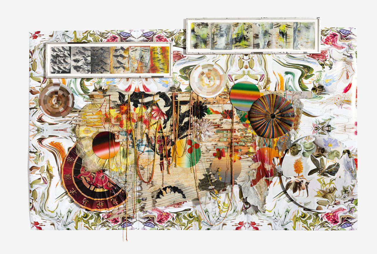 Quartet Four, 2018,&nbsp;Photographic inspired digital image, aluminum discs, paper, thread, wood, drawings in artist&#039;s frames,&nbsp;85 x 132 x 2 inches,&nbsp;215.9 x 335.3 x 5.1 cm,&nbsp;MMG#30471