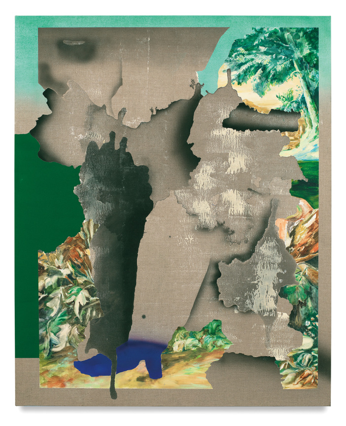 Turf Tiff, 2018,&nbsp;Oil, vinyl paint, charcoal, flocking and acrylic on linen,&nbsp;52 x 42 inches,&nbsp;132.1 x 106.7 cm, MMG#30035