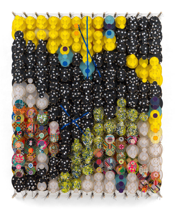 You guys ruined my precious moment, 2025, Acrylic, paper, bamboo, wood and dacron, 60 x 48 x 8 1/4 inches, 152.4 x 121.9 x 21 cm, MMG#37925