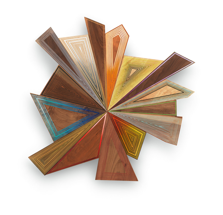 Sweet Sixteen, 2018, Acrylic on sixteen types of wood, 39 x 37 x 1 inches, 99.1 x 94 x 2.5 cm, MMG#30725