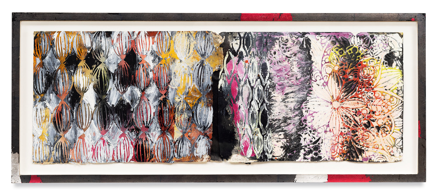 Year of the Rat 8, 2018,&nbsp;Vintage Indian paper, oil stick, encaustic, vintage Indian paper, in artist&#039;s frame,&nbsp;13.5 x 33 inches,&nbsp;34.3 x 83.8 cm,&nbsp;MMG#30607