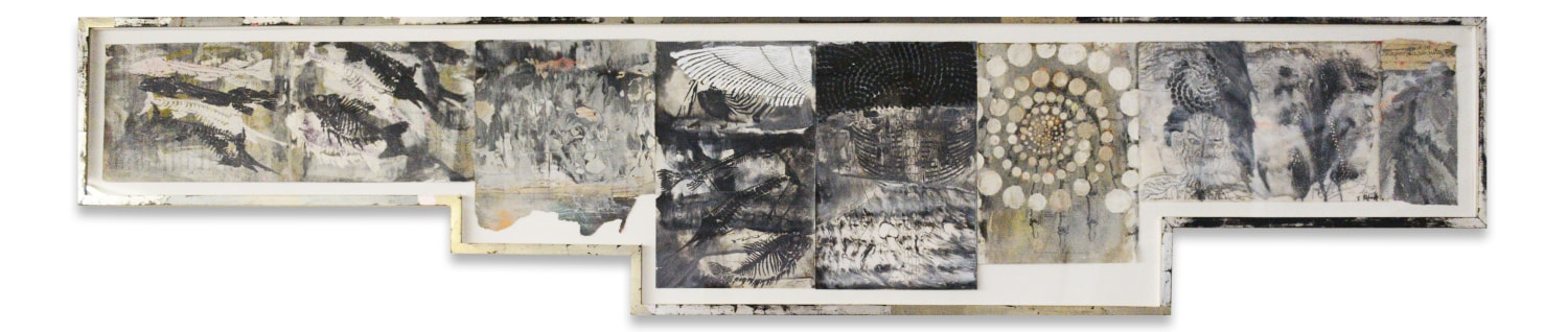 Untitled, 2019,&nbsp;Ink and encaustic on Tibetan medical text paper in artist&#039;s frame