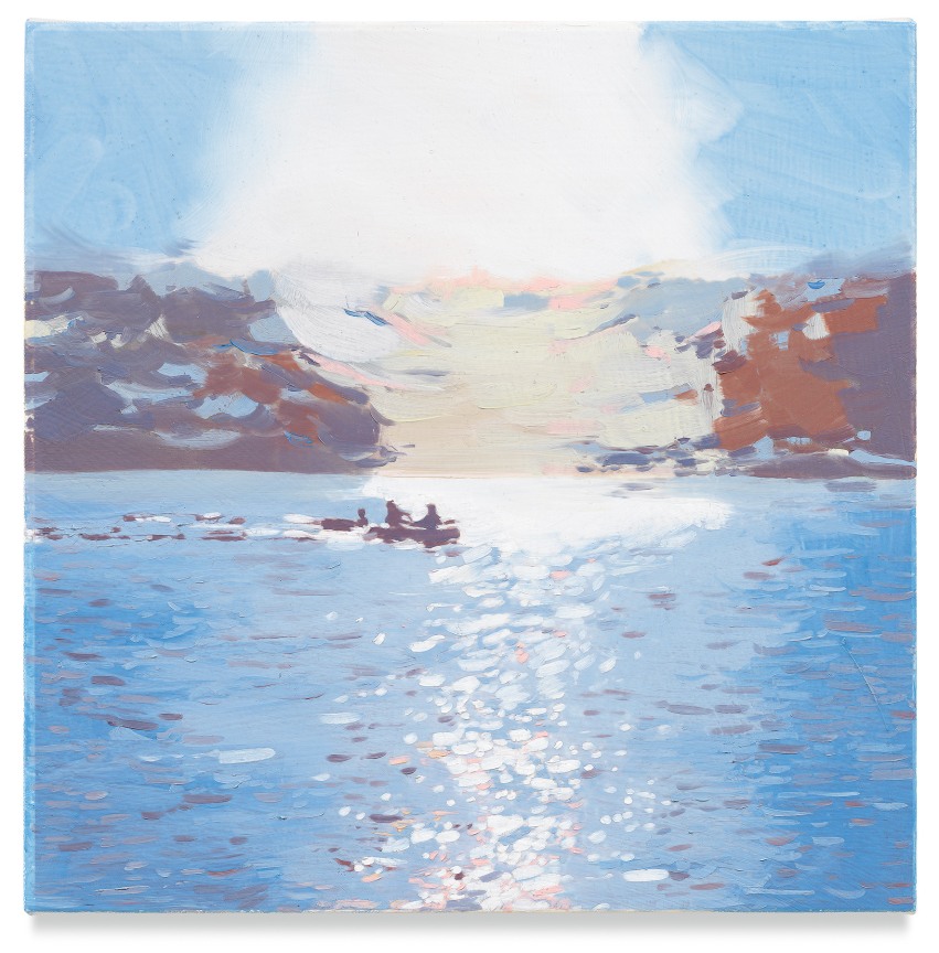 Three Paddlers, 2019, Mixed media oil on canvas, 14 x 14 inches, 35.6 x 35.6 cm, (MMG#32080)