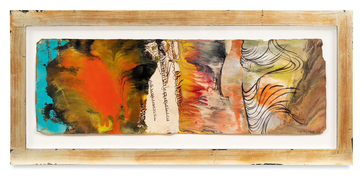 Raga 6, 2013,&nbsp;Oil stick, encaustic, vintage Indian paper, in artist&#039;s frame,&nbsp;10 x 22 inches,&nbsp;25.4 x 55.9 cm,&nbsp;MMG#30624
