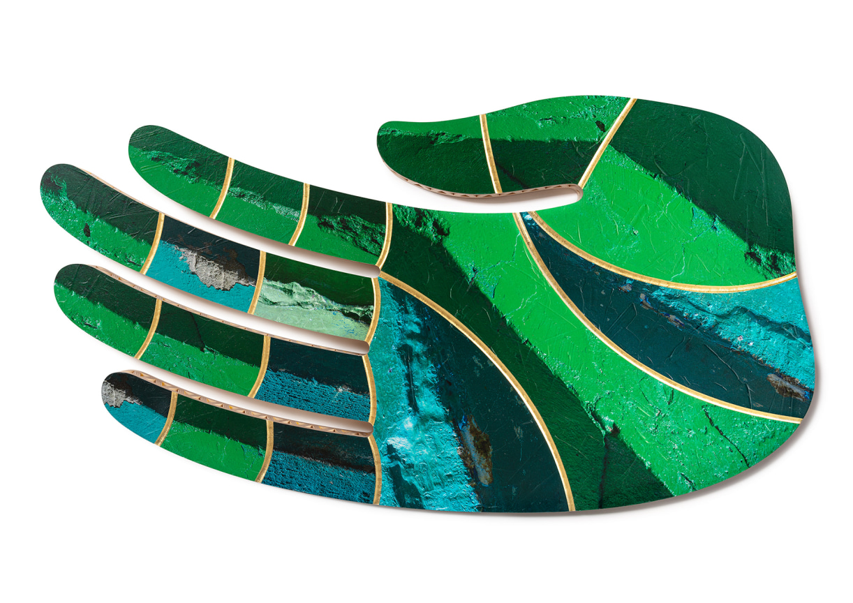 Alexandre Arrechea, Between grass and sky, 2021, UV ink on wood, gold leaf, 24 x 45 x 1 1/2 inches, 61 x 114.3 x 3.8 cm, MMG#33335