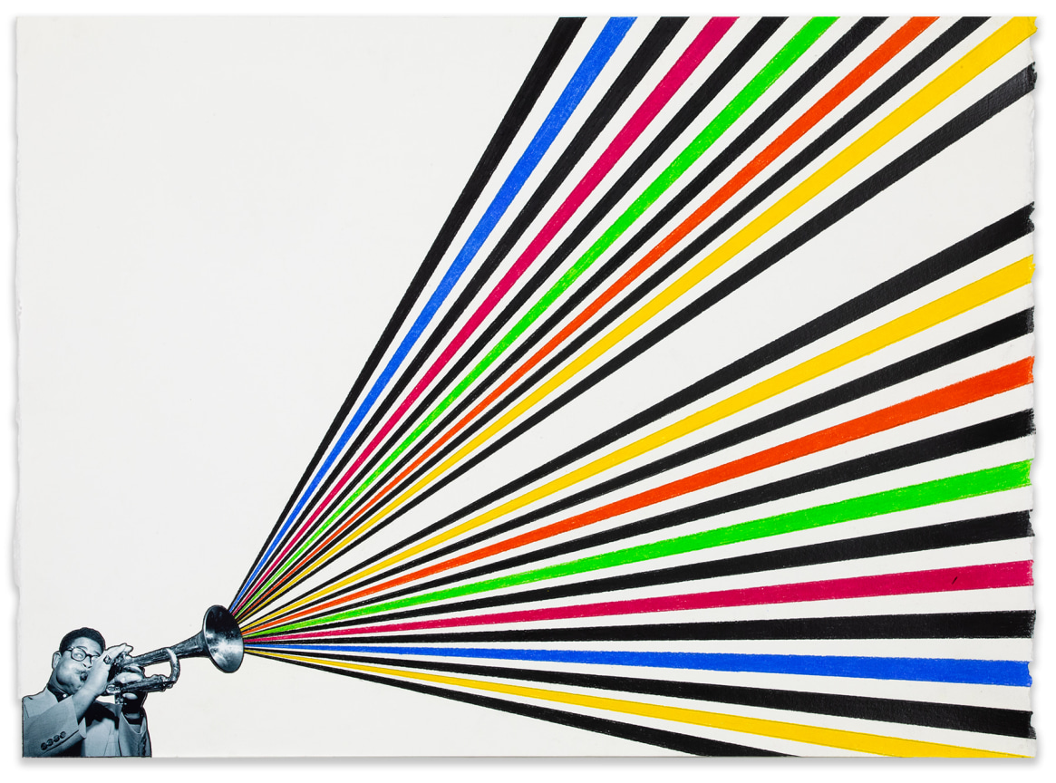 Rico Gatson,&nbsp;Dizzy #2, 2021, Color pencil and photograph collage on paper, 22 x 30 inches, 55.9 x 76.2 cm