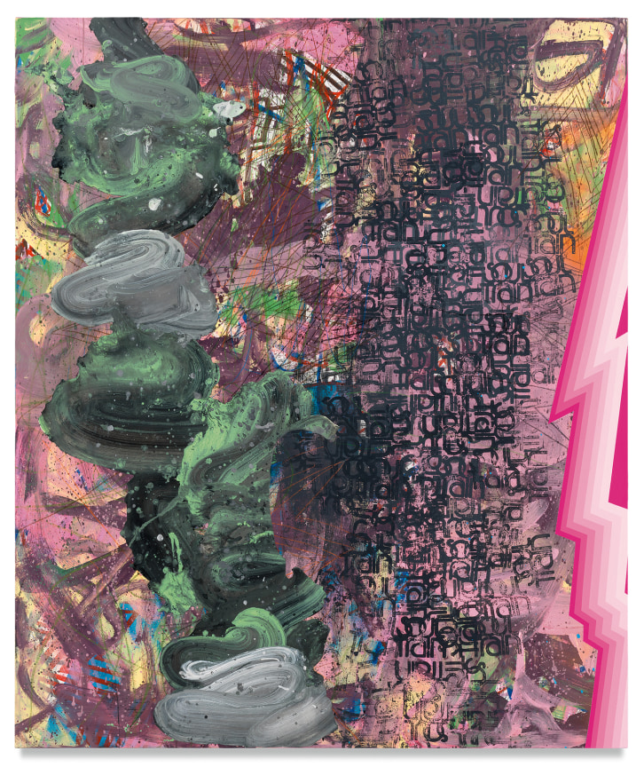 Afro Hippie, 2017,&nbsp;Acrylic, oil, spray paint, glitter, collage, crayon and graphite on canvas,&nbsp;72 x 60 inches,&nbsp;182.9 x 152.4 cm,&nbsp;MMG#31522