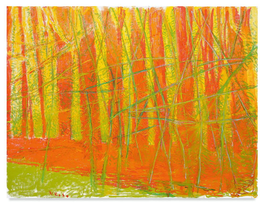 Two Levels of Green, One of Orange, 2018, Oil on canvas, 52 x 68 inches, 132.1 x 172.7 cm, MMG#30740