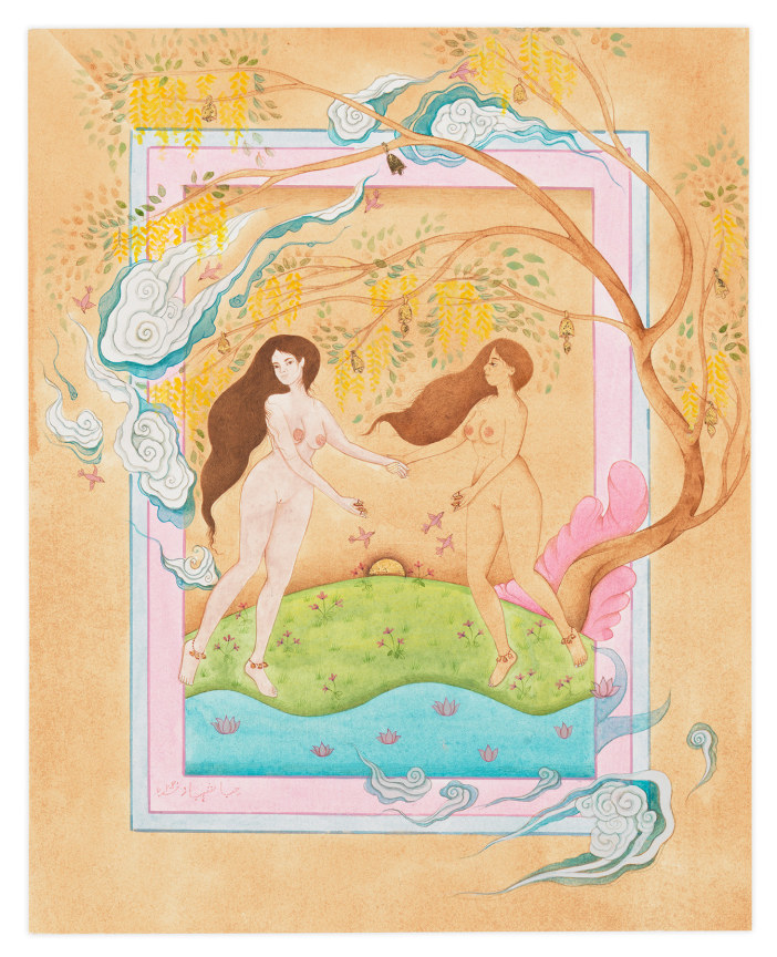 Hiba&nbsp;Schahbaz,&nbsp;Dancing, 2020,&nbsp;Watercolor, gouache, tea and gold leaf on handmade paper,&nbsp;Paper Dimensions: 12 1/4 x 9 3/4 inches,&nbsp;31.1 x 24.8 cm,&nbsp;MMG#32729