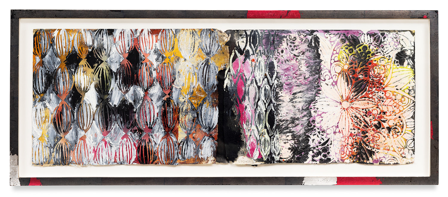 Year of the Rat 8, 2018,&nbsp;Vintage Indian paper, oil stick, encaustic, vintage Indian paper, in artist&#039;s frame, 13.5 x 33 inches,