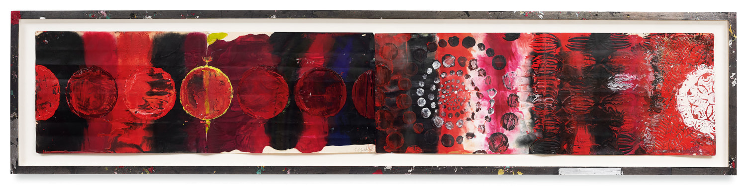 Year of the Rat 20, 2018,&nbsp;Oil stick, encaustic, vintage Indian paper, in artist&#039;s frame,&nbsp;12.5 x 56.25 inches,&nbsp;31.8 x 142.9 cm,&nbsp;MMG#30631