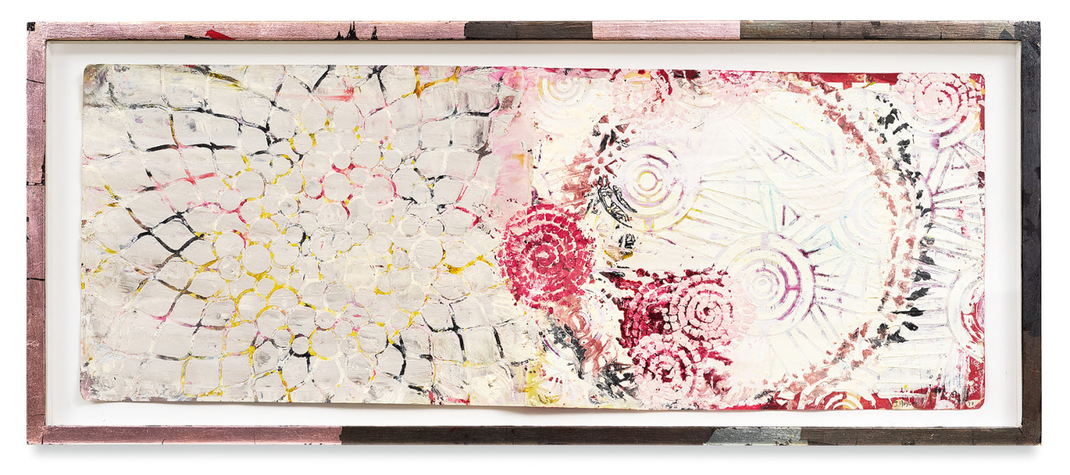 rOOster 43, 2017,&nbsp;Oil stick, encaustic, vintage Indian paper, in artist&#039;s frame,&nbsp;12.25 x 29.25 inches,&nbsp;31.1 x 74.3 cm,&nbsp;MMG#30616