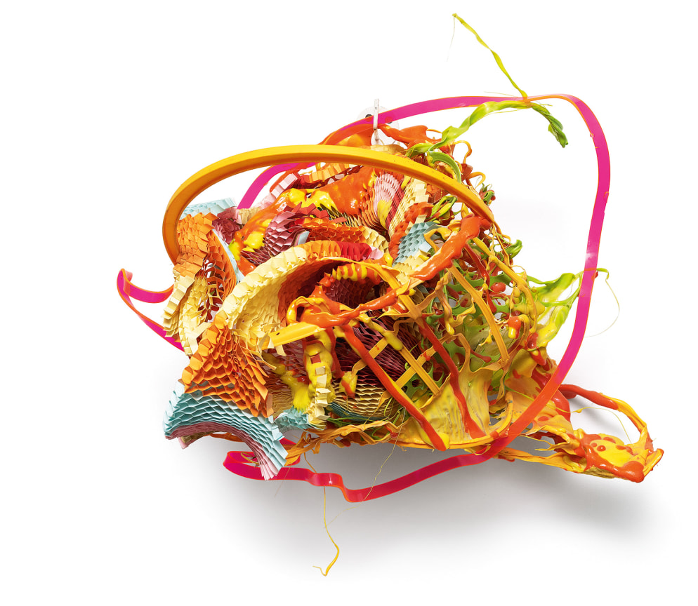 A &ndash; Tisket, 2018,&nbsp;Melted plastic, paper, acrylic, resin,&nbsp;22.5 x 25 x 15 inches,&nbsp;57.2 x 63.5 x 38.1 cm,&nbsp;MMG#30682