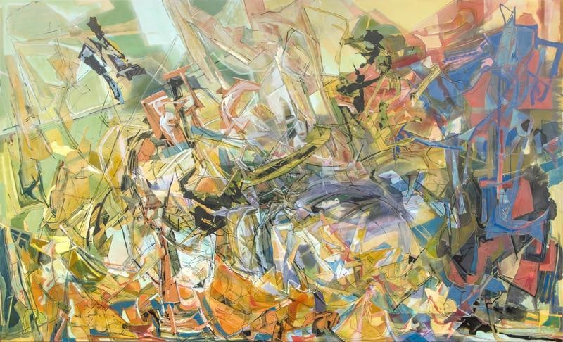 Gathered Hiss, 2013, Acrylic, collage, and oil on canvas, 72 x 120 inches, 182.9 x 304.8 cm, A/Y#21256