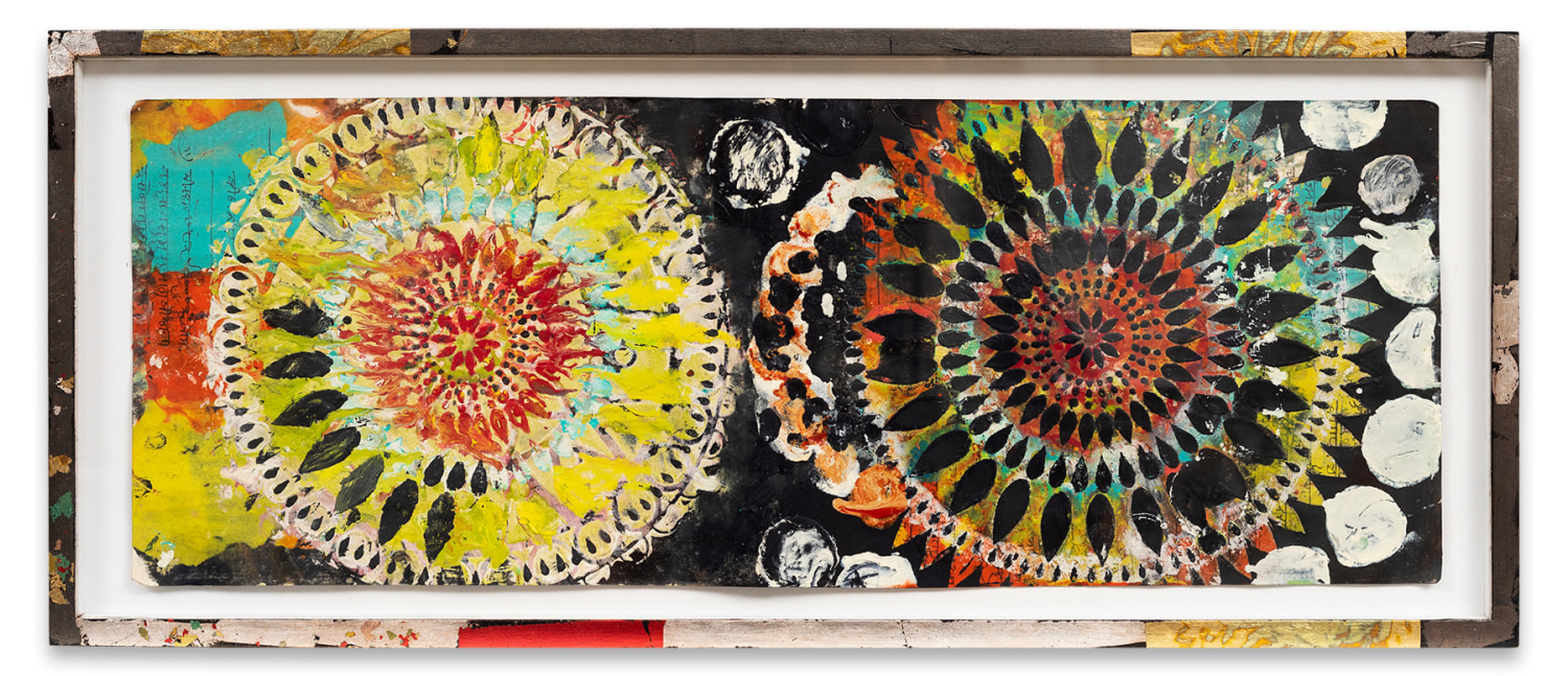 rOOster 40, 2017,Oil stick, encaustic, vintage Indian paper in artist&#039;s frame,&nbsp;12 1/4 x 29 1/4 inches,&nbsp;31.1 x 74.3 cm,&nbsp;MMG#30605