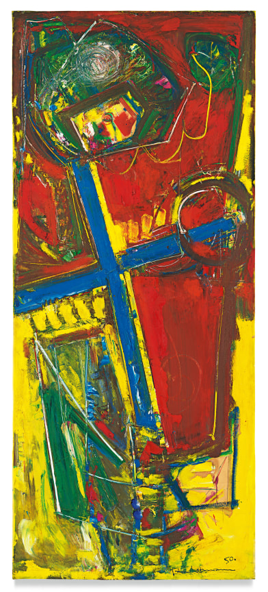 The Cross (Sketch for Mosaic) [Study for Chimbote Mural], 1950, Oil on paper mounted on board, 84 x 35 1/2 inches, 213.4 x 90.2 cm, MMG#1965