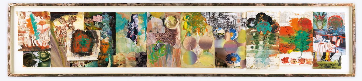 Ragamala 14, 2013,&nbsp;Oil stick, encaustic, vintage Chinese and American documents, in artist&#039;s frame 18.25 x 86.75 inches,&nbsp;46.4 x 220.3 cm,&nbsp;MMG#30651