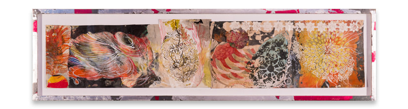 rOOster 45, 2017,&nbsp;Oil stick, encaustic, vintage Indian papers in artist&#039;s frame,&nbsp;10 3/4 x 40 inches,&nbsp;27.3 x 101.6 cm,&nbsp;MMG#30903