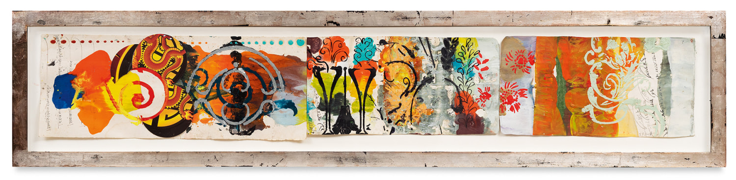 Ragamala 9 , 2013,&nbsp;Oil stick, encaustic, vintage Indian paper, in artist&#039;s frame,&nbsp;10 x 46 inches,&nbsp;25.4 x 116.8 cm,&nbsp;MMG#30629