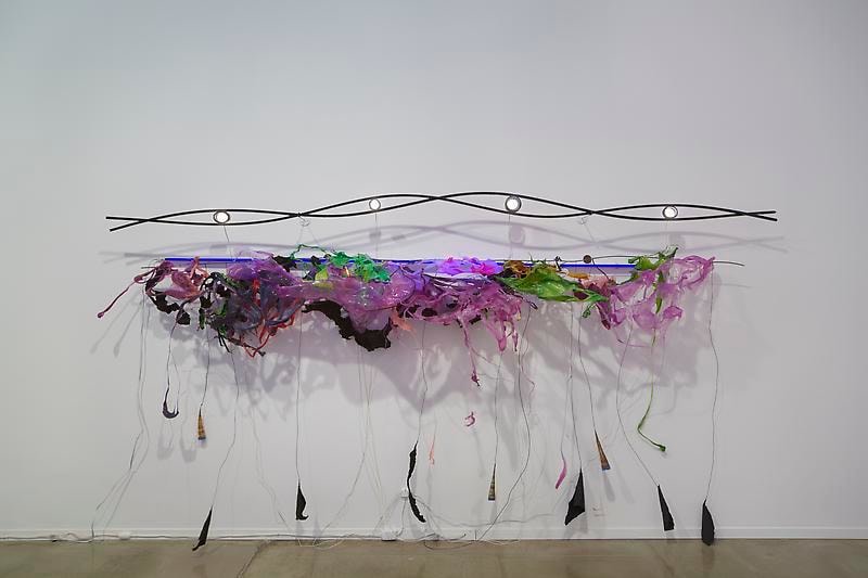 &quot;Ram&#039;s Delhi,&quot; 2012, Wood, mild steel rod, melted plastics, black aluminum foil, LED and UV fluorescent light, 70 x 132 x 17 inches, A/Y#20621