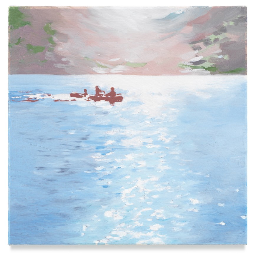 Three Paddlers, 2019, Mixed media oil on canvas, 14 x 14 inches, 35.6 x 35.6 cm, (MMG#32070)