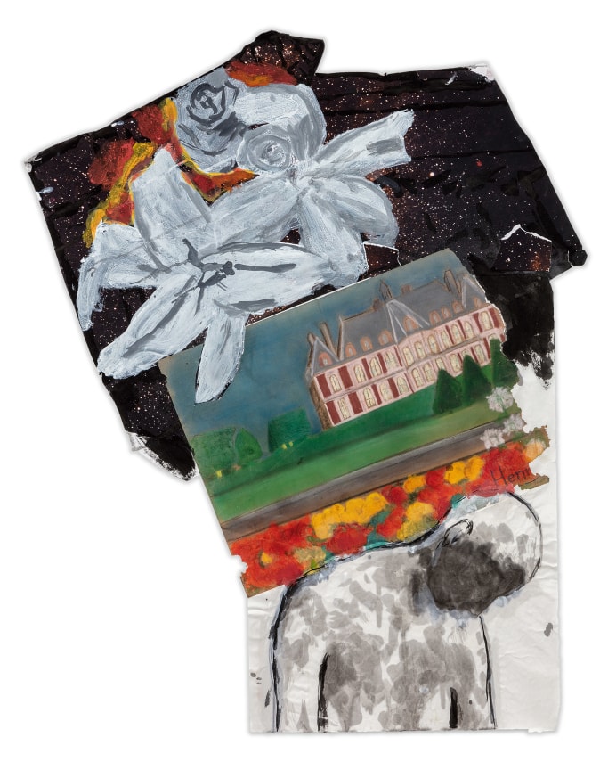 La gran marcha (The Great March), 2022, Ink and watercolor on paper and ink print, with childhood pastel drawing by the artist, 49 x 37 inches, 124.5 x 94 cm, MMG#34651