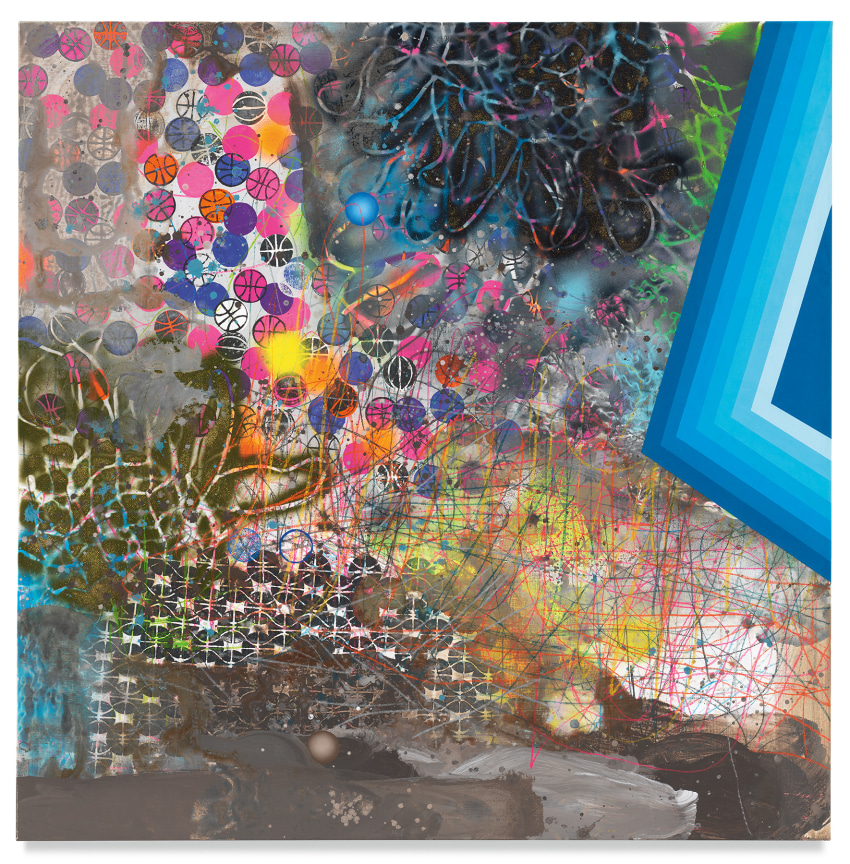 Ganymede, 2018,&nbsp;Acrylic, oil, spray paint, glitter, collage, crayon and graphite on canvas,&nbsp;48 x 48 inches,&nbsp;121.9 x 121.9 cm,&nbsp;MMG#31530