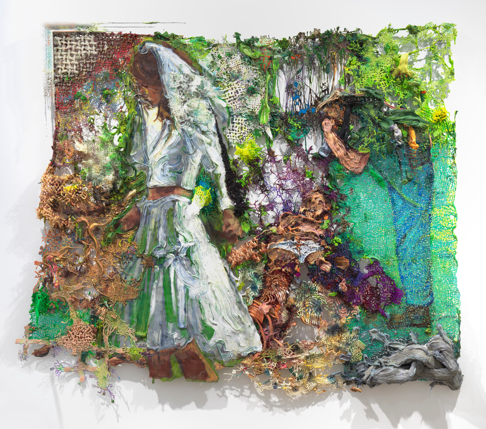 Fabian Marcaccio, The Bride Rejection, 2021 Oil, allkyd silicone on TPU polyurethane 3D printed parts, aluminum and steel, 77 x 90 1/2 x 15 inches 195.6 x 229.9 x 38.1 cm, MMG#33240