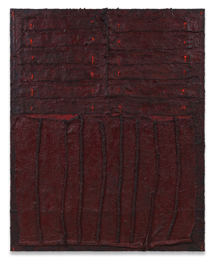 Harmony Hammond,&nbsp;Crimson Chenille, 2019, Oil and mixed media on canvas, 70 x 56 inches, 177.8 x 142.2 cm.&nbsp;Courtesy the artist and Alexander Gray&nbsp;Associates, New York &copy; Harmony Hammond / Licensed by VAGA via ARS, New York.&nbsp;