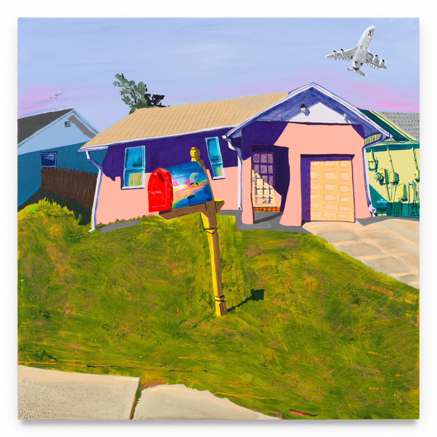 Good morning, winner. Take a deep breath. Good. You&rsquo;re ready to dominate this day. &mdash;Motivational Voice, Booksmart (2019), 2024, Acrylic and oil on canvas, 48 x 48 inches, 121.9 x 121.9 cm, MMG#37819